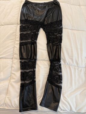 Black Faux Leather & Lace Panel Leggings